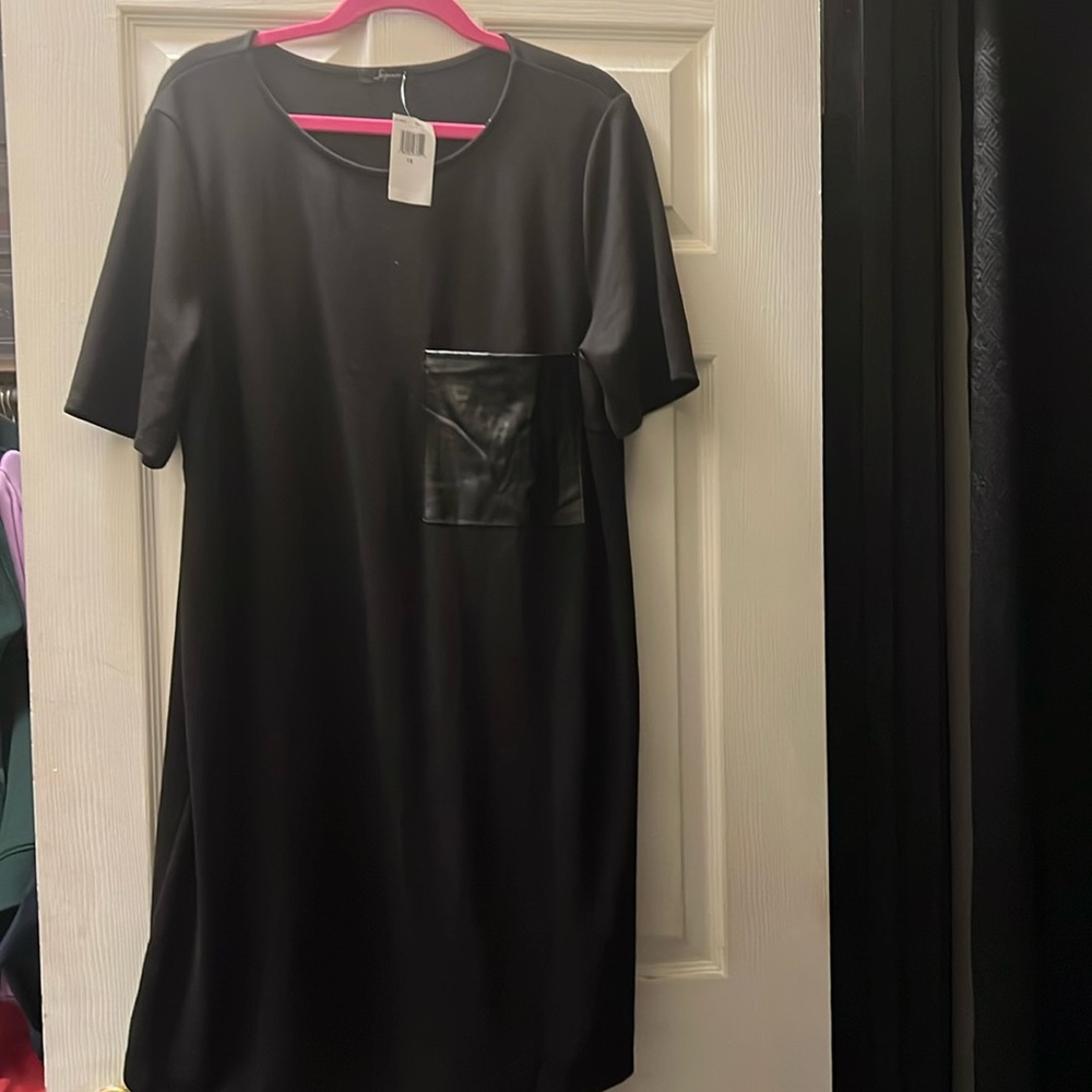 Black Short-Sleeve Shift Dress with Faux Leather Pocket